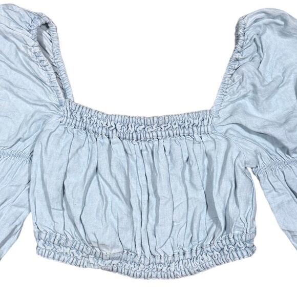 Zara Chambray Crop Top Puff Sleeve Shirt Denim Open Back Size Small Cottage - Picture 3 of 8